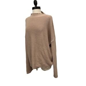Bloggerlove Womens XL Tan Ribbed Knit Oversized Sweater Whipstitch Mock Neck